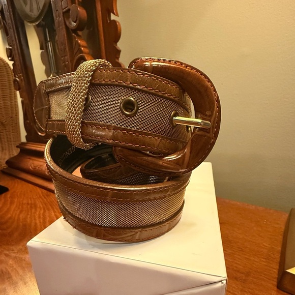 Vintage Anne Klein Brown Leather Gold Mesh 1.5” Belt Size Large - Picture 2 of 8